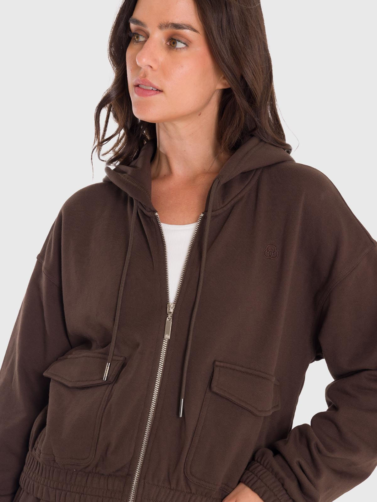 Polerón Mujer Hoodie Zip Cargo Café Bsoul