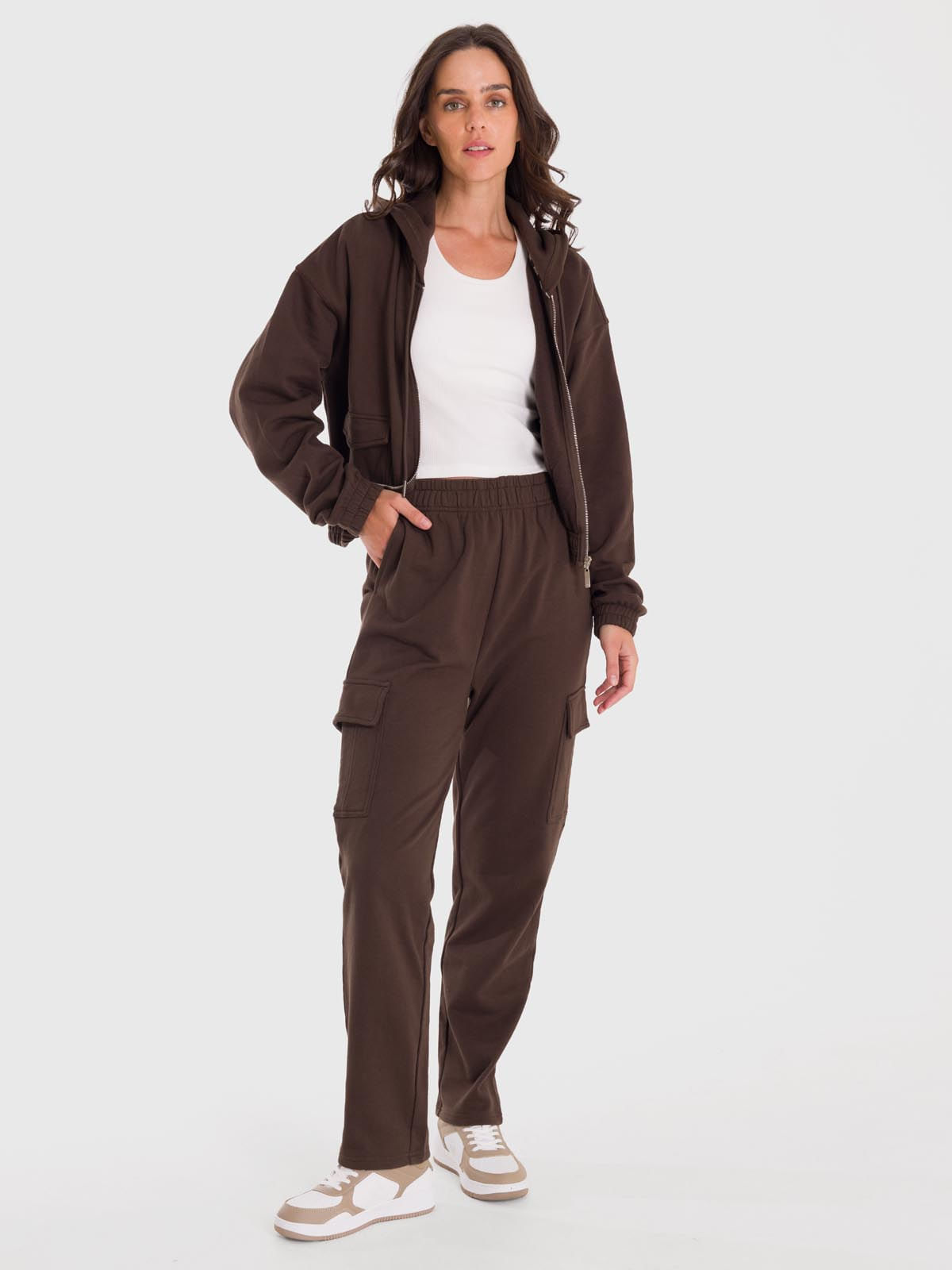 Polerón Mujer Hoodie Zip Cargo Café Bsoul